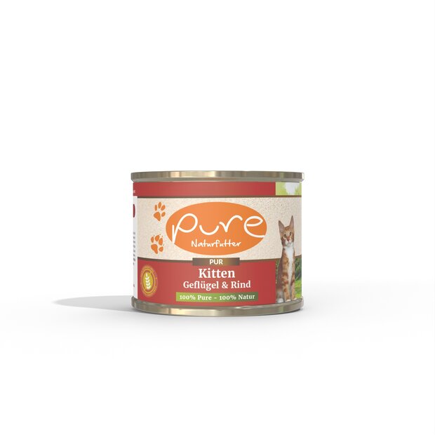 PURE &ndash; Kitten Rund &amp; Kip Pat&eacute; &ndash; 6x195 gram &ndash; Geen kleurstoffen en smaakstoffen &ndash; Vrij van Soja